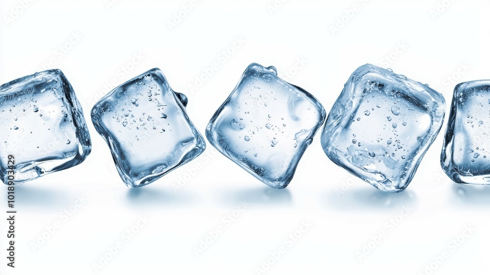 Poster clear ice cubes arranged in a line on a white background, showcasing their crisp angles and surface 