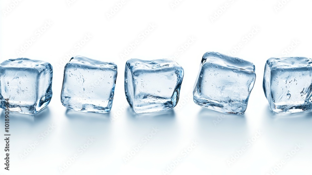 Aufkleber clear ice cubes arranged in a row on a smooth, white surface for cooling beverages or culinary use