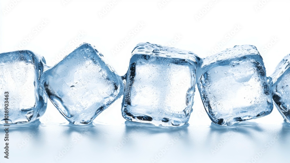 Poster ice cubes lined up on a glossy surface with a clean background highlighting their transparency and t
