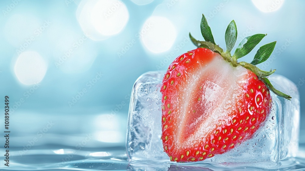 Poster fresh strawberry resting on ice against a sparkling blue background with soft bokeh effects