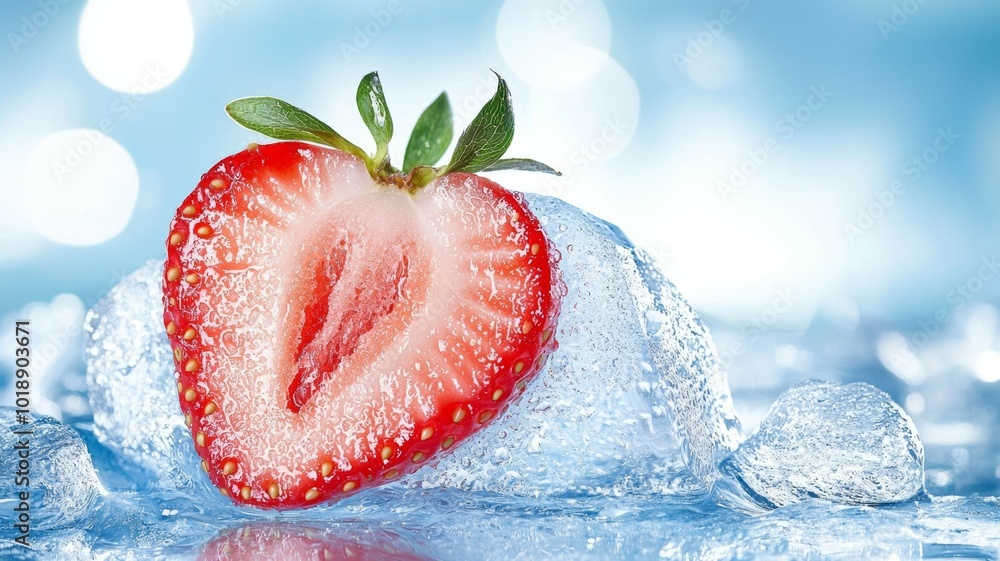 Aufkleber freshly sliced strawberry resting on ice with a soft blue background that creates a refreshing summe