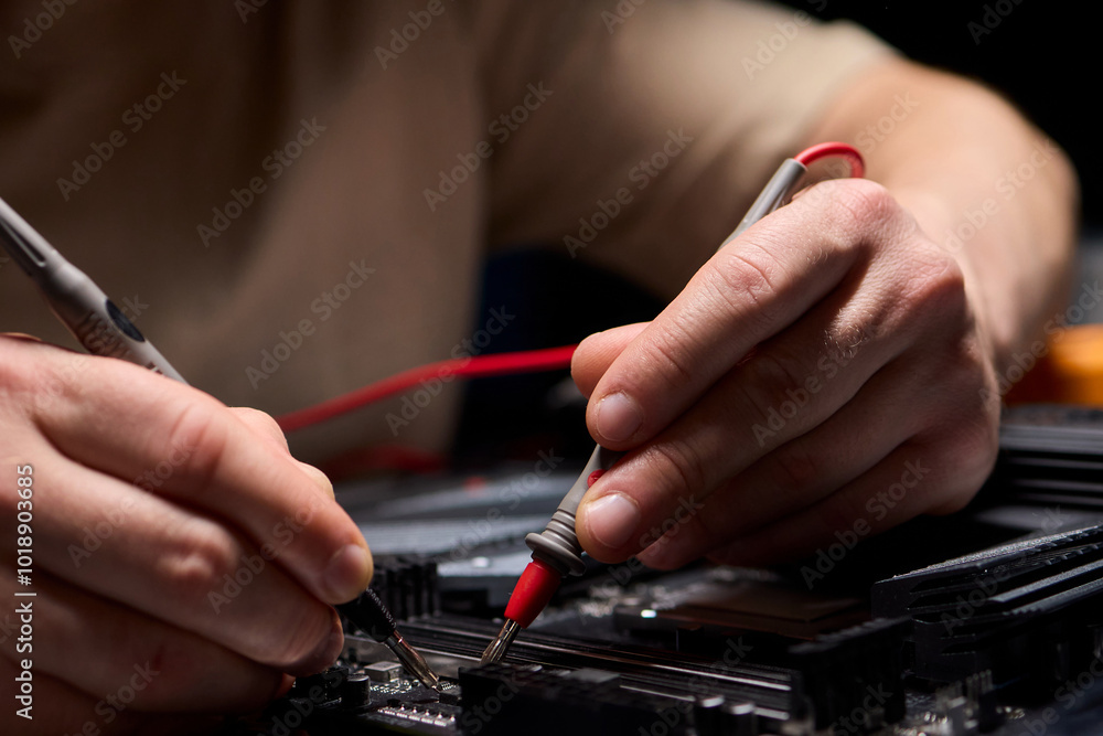 Poster Hands Engaged in Working with Various Electronic Components and Multimeter Testing Processes