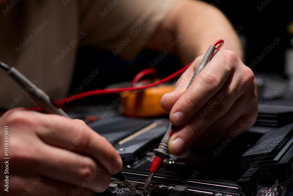 Poster Hands Engaged in Working with Various Electronic Components and Multimeter Testing Processes
