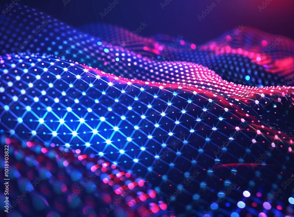 Poster futuristic abstract 3d red and blue flowing wave made of dots on black background. digital data stru