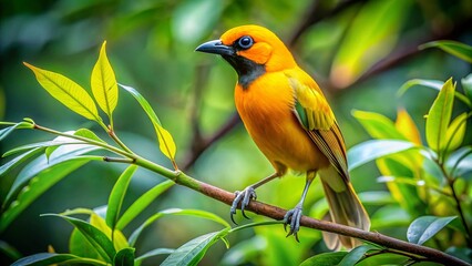 Naklejka premium Majestic Golden Bird Perched Gracefully on a Branch Surrounded by Lush Green Foliage in Nature