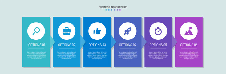 Horizontal progress bar featuring 6 arrow-shaped elements, symbolizing the six stages of business strategy and progression. Clean timeline infographic design template. Vector for presentation