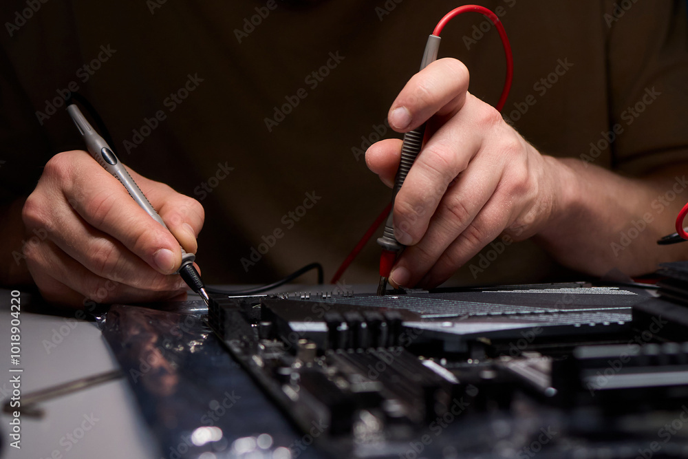 Poster Hands Engaged in Working with Various Electronic Components and Multimeter Testing Processes
