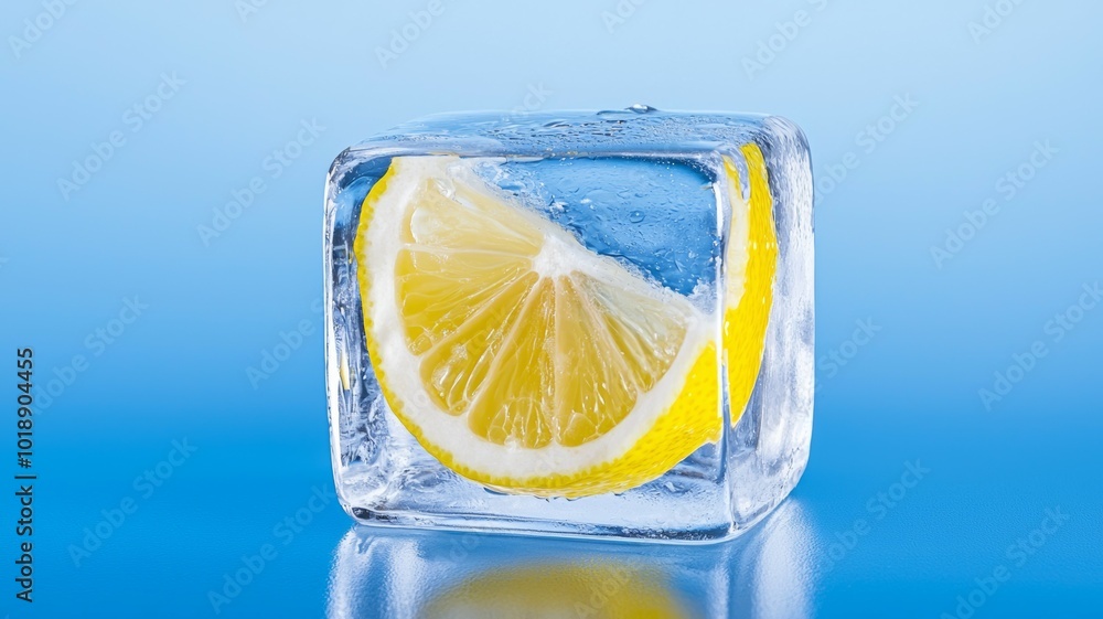 Poster A fresh lemon slice encased in a clear ice cube against a blue background