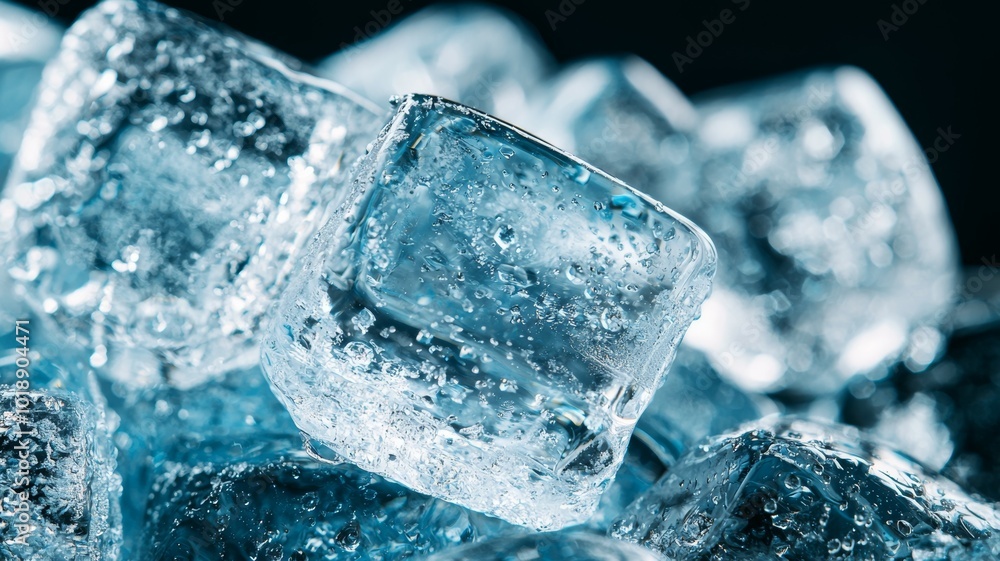 Poster close-up of crystal clear ice cubes with water droplets illuminated in a dark setting for a refreshi