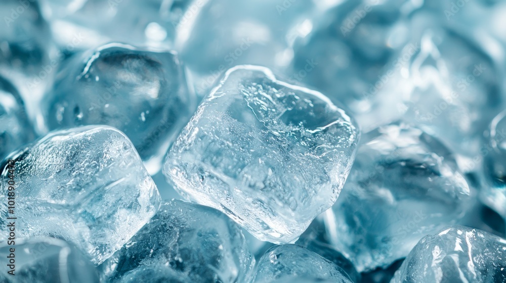 Poster close-up view of clear ice cubes illuminated by soft light in a cool setting