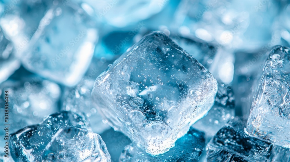 Poster clear ice cubes surrounded by droplets creating a refreshing atmosphere on a bright blue background