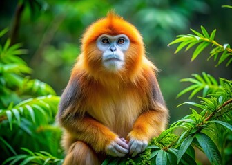 Obraz premium Majestic Golden Face Monkey Sitting on a Branch Amidst Lush Greenery in Natural Habitat