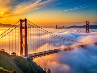 Fototapeta premium Majestic Golden Gate Bridge Emerging from Thick Fog in a Serene San Francisco Morning Landscape