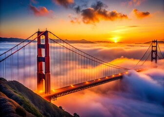 Fototapeta premium Majestic Golden Gate Bridge Enveloped in Mystical Fog with Dramatic Lighting at Sunset