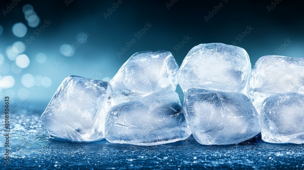 Poster fresh ice cubes arranged on a reflective surface with a blue background creating a cool ambiance