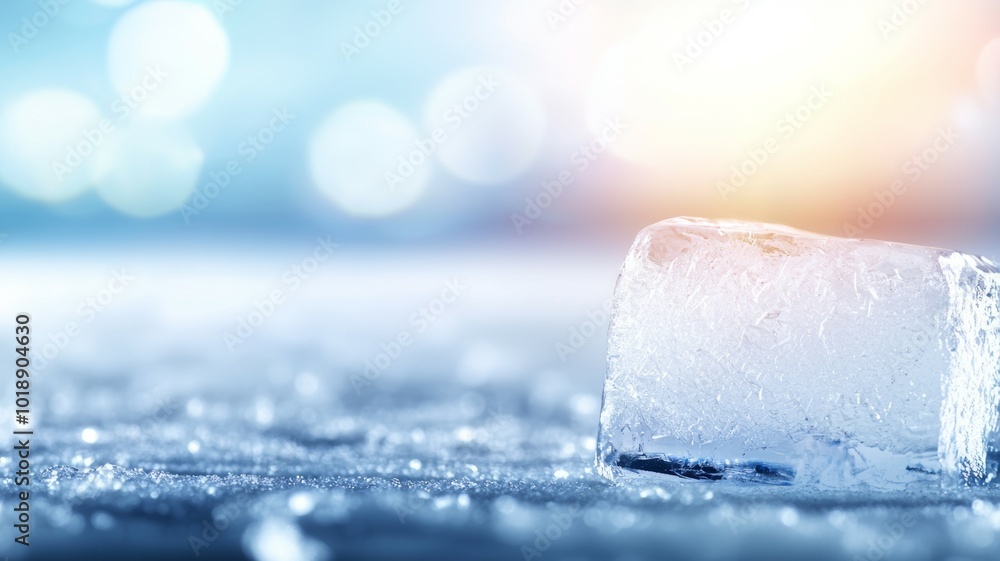 Poster a close-up of a melting ice cube on a reflective surface with soft light in the background