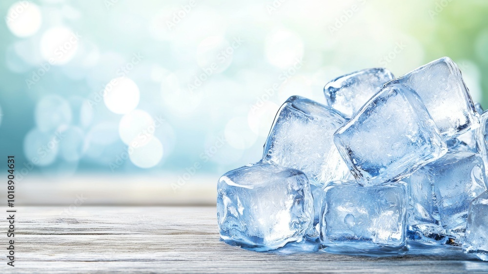 Poster fresh ice cubes piled on a wooden surface with a blurred background of light colors in a summer sett