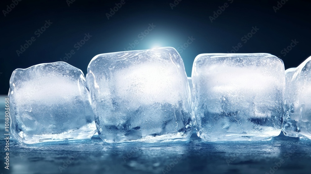 Poster close-up of crystal-clear ice cubes with glimmers of light reflecting in a dark setting