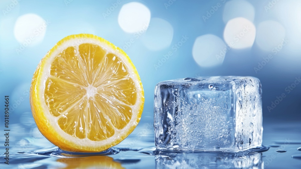 Poster fresh lemon slice beside a clear ice cube on a reflective surface with a blue backdrop