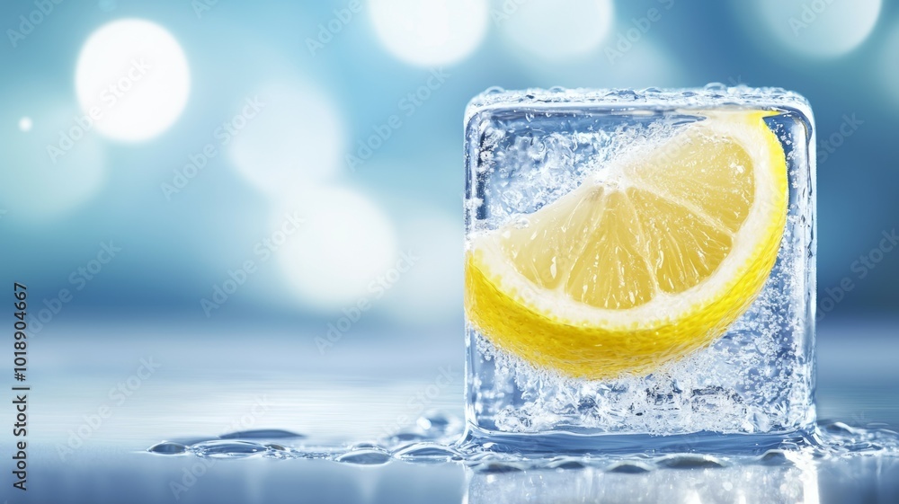 Poster refreshing lemon slice inside a clear ice cube, creating a cool drink garnish on a bright summer day