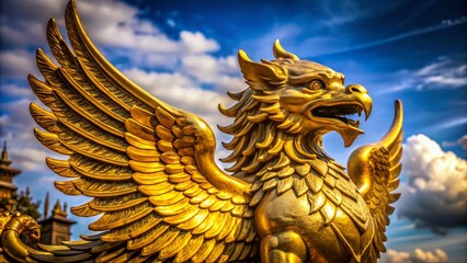 Fototapeta premium Majestic golden griffin statue symbolizing strength and protection in a mythical fantasy setting