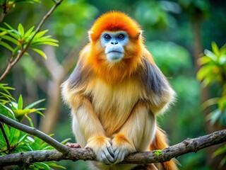 Majestic golden snub-nosed monkey perched on a branch amidst lush green foliage in natural habitat