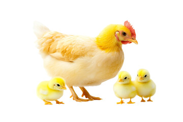 Hen with yellow chicks on transparent background.