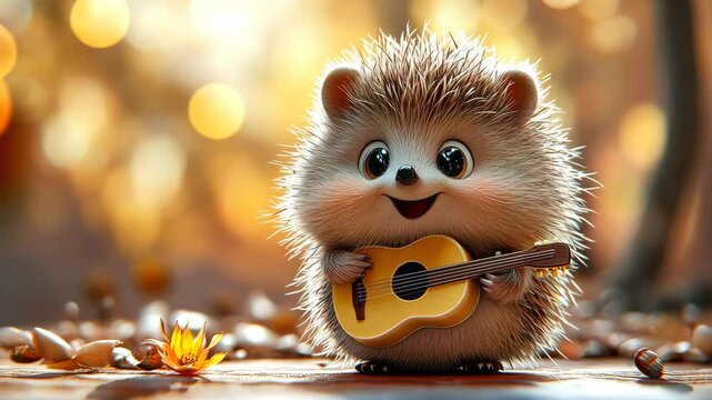 Adorable hedgehog playing guitar in autumn