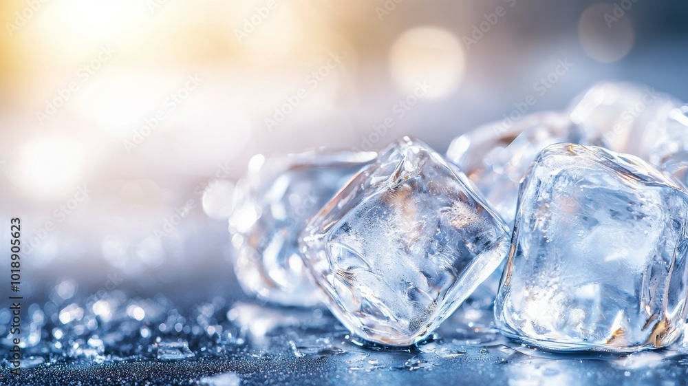 Poster ice cubes glistening on a reflective surface with soft sunlight casting a warm glow in the backgroun