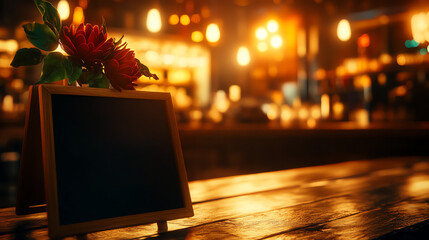 Chalkboard sign with flowers on a wooden table in ambient bar lighting.