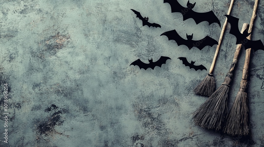 Poster Halloween themed composition featuring brooms bats and ghosts on a grey textured background