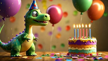 Cartoon dinosaur celebrating birthday with cake