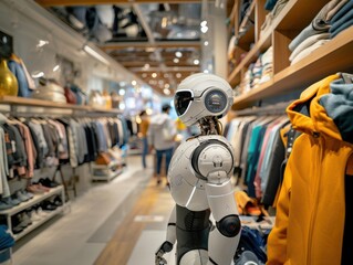 Obraz premium An advanced AI humanoid robot browsing through clothes in a sleek, modern fashion store representing the integration of AI and robotics in the retail space.