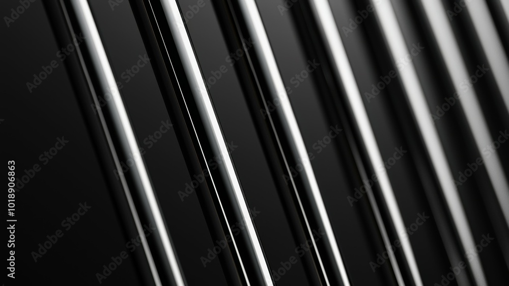 Poster close-up of sleek metallic rods arranged in parallel against a dark background creating a minimalist