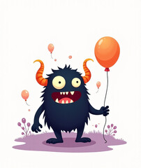 Naklejka premium A playful and spooky greeting card scene featuring a cute cartoon monster with a colorful silhouette against a white background._00002_