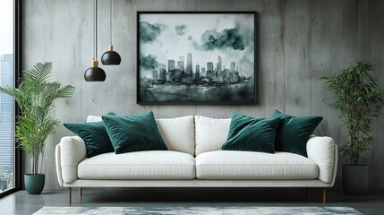 Minimalist interior design of a modern living room. An ivory suede sofa with emerald cushions against a concrete wall. on the wall is a minimalist painting painted in watercolors.