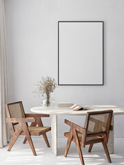 Frame mockup, ISO A paper size. Living room wall poster mockup. Interior mockup with house background. Modern interior design. 3D render
