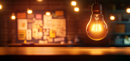 Hanging light bulb in cozy interior with warm ambiance and blurred background.