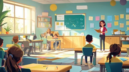 A vibrant classroom scene with a teacher and student learning together, highlighting the and vibrancy education.