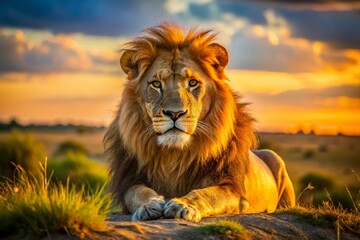 Obraz premium Majestic Notch Lion Resting Under the Warm Sunlight in the African Savanna Landscape