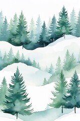 Fototapeta premium Watercolor winter landscape featuring evergreen trees and snow-covered hills 