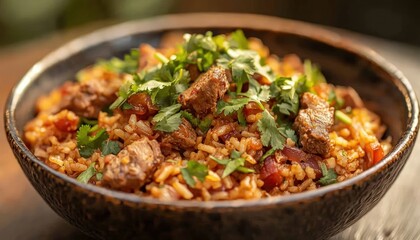 A vibrant Mexican dish spotlighting crispy rice and tender meat, garnished with cilantro.