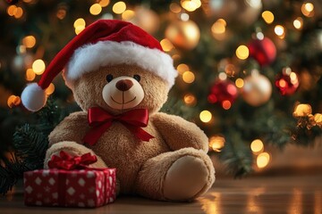 Festive Teddy Bear with Gift under Christmas Tree Lights