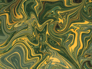 Abstract green and gold marbled texture with swirling patterns, creating dynamic and vibrant visual effect that evokes sense of movement and energy.  Seamless Pattern paint lines