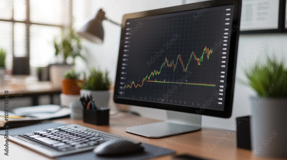 Poster modern workspace with financial graph on computer screen