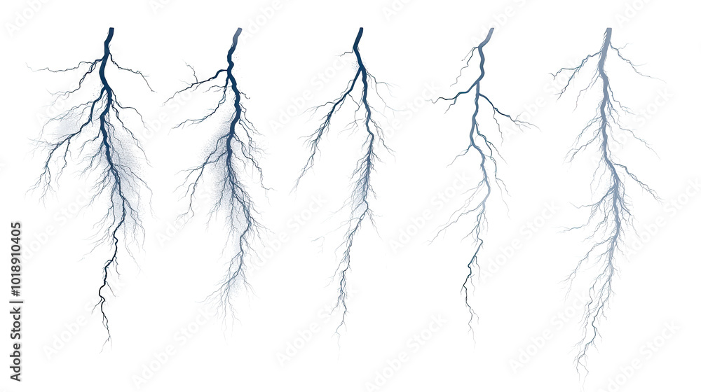 Poster collection of lightning strikes on a white background generative ai