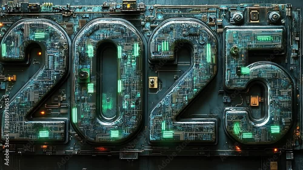 Poster futuristic design displaying the year 2025 with glowing circuitry in a high-tech environment