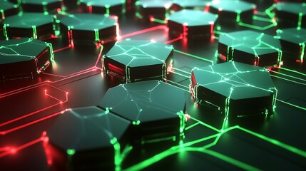 Obraz premium Abstract 3D rendering of a network of glowing hexagonal shapes and lines on a dark background.