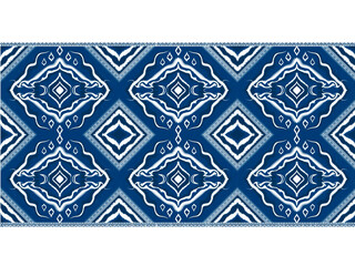 Intricate blue and white geometric pattern featuring diamond shapes and swirling designs, perfect for textiles or wallpaper.  Seamless Pattern paint lines