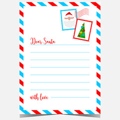 Obraz premium Christmas letter template with the words Dear Santa. Ready to print postcard or wish list with airmail border and empty lines for filling by children during winter holidays celebration.